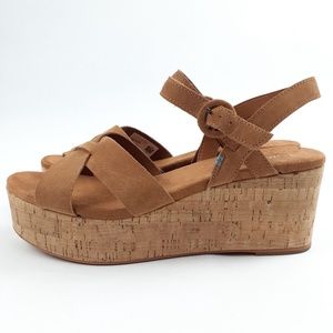Toms Willow Womens 10 W Wedge Cork Platform Sandals Shoes Carmel Vegan Buckle